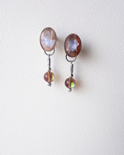 Dew drops-waterlily 2way earrings/Interchangeable/clear brown