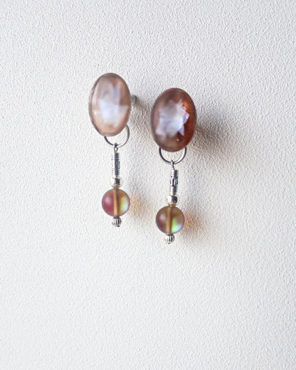 Dew drops-waterlily 2way earrings/Interchangeable/clear brown