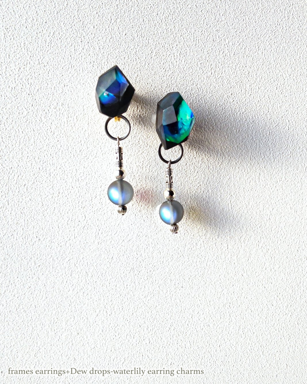 Dew drops-waterlily 2way earrings/ Interchangeable_clear gray