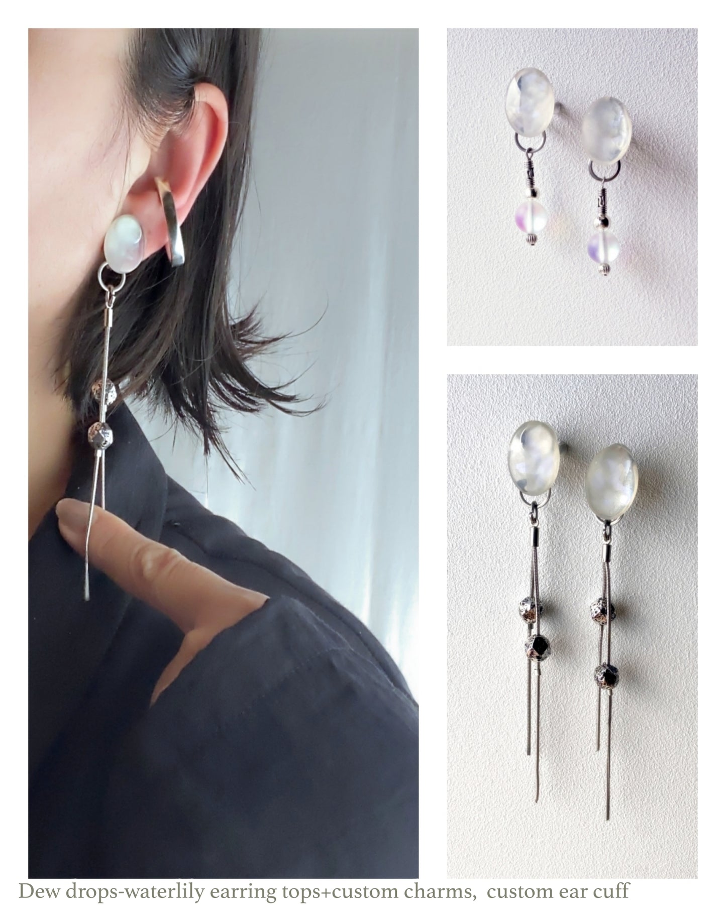 Dew drops-waterlily 2way earrings/Interchangeable/clear white
