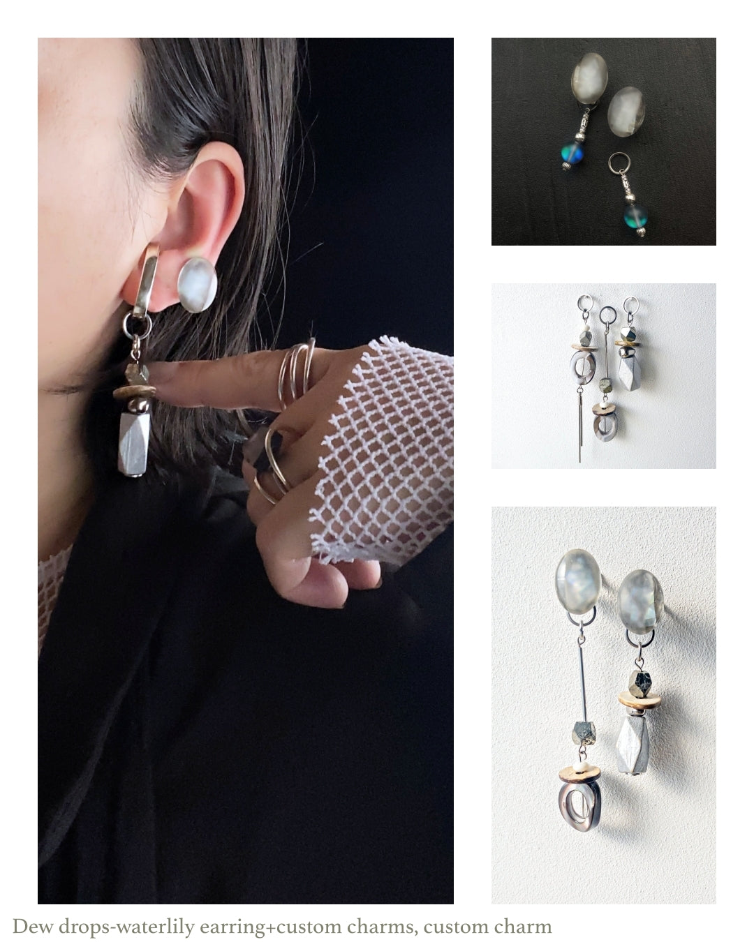 Dew drops-waterlily 2way earrings/Interchangeable/clear gray